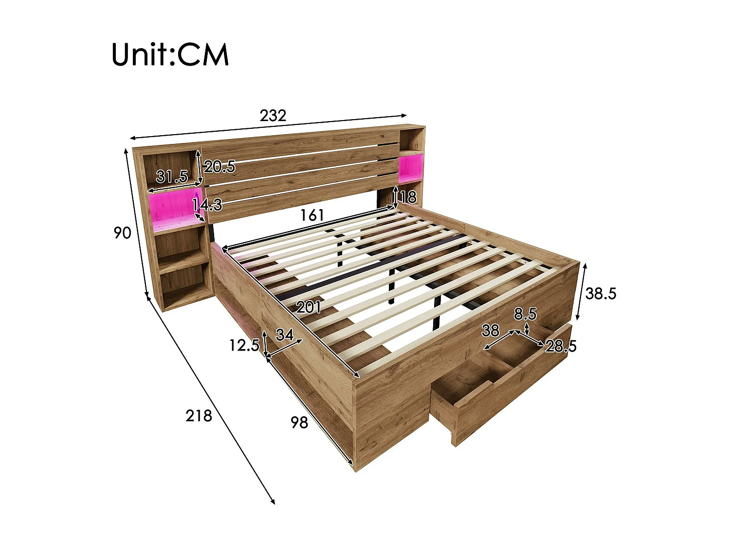 Volwassen bed 160×200cm in hout + MDF - met leeslampje + oplaadpunten - met lattenbodem - Naturel