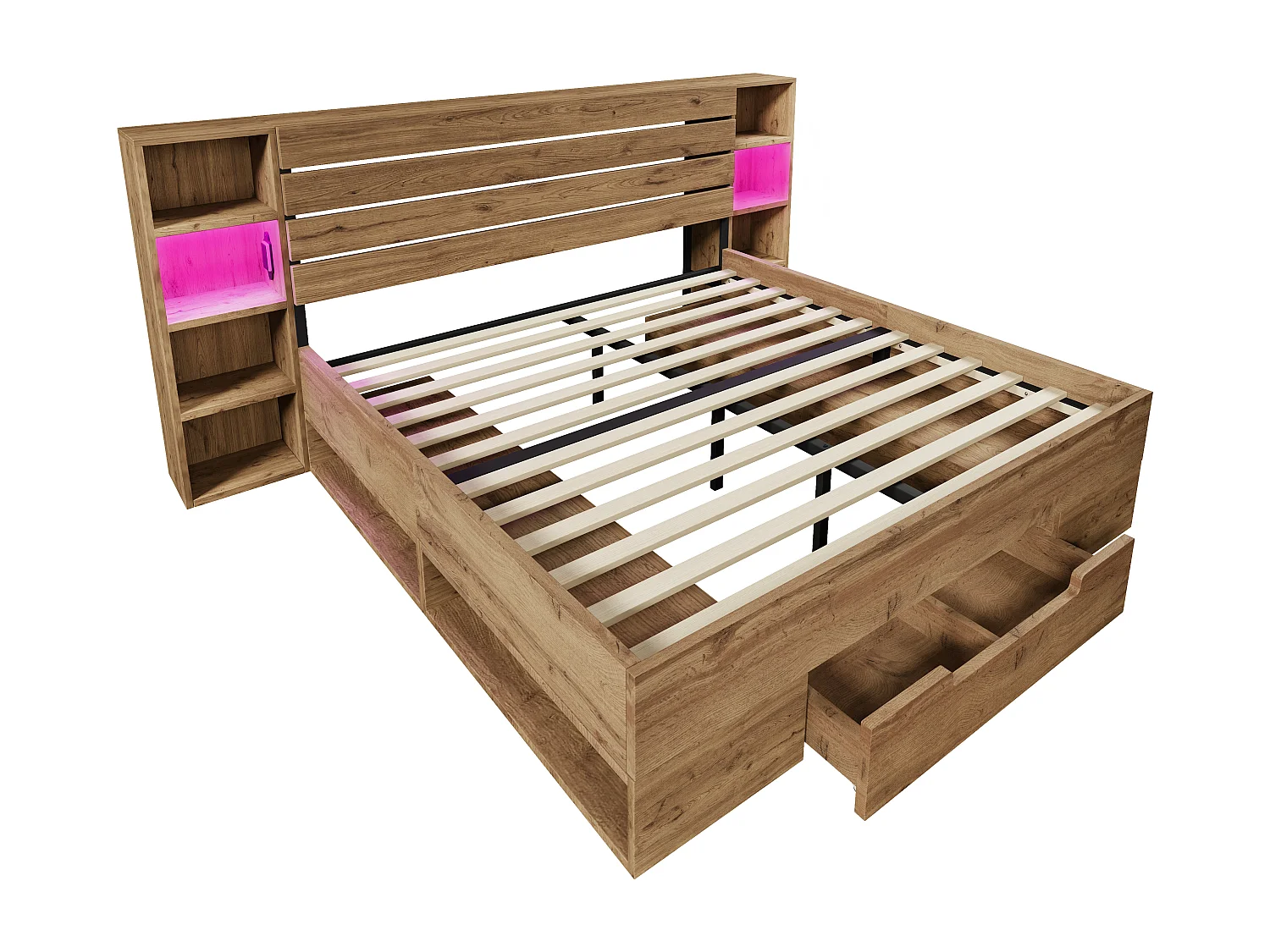 Erwachsenenbett 160×200cm aus Holz + MDF – mit Leselampe + Ladesteckdosen – mit Lattenrost – Natur