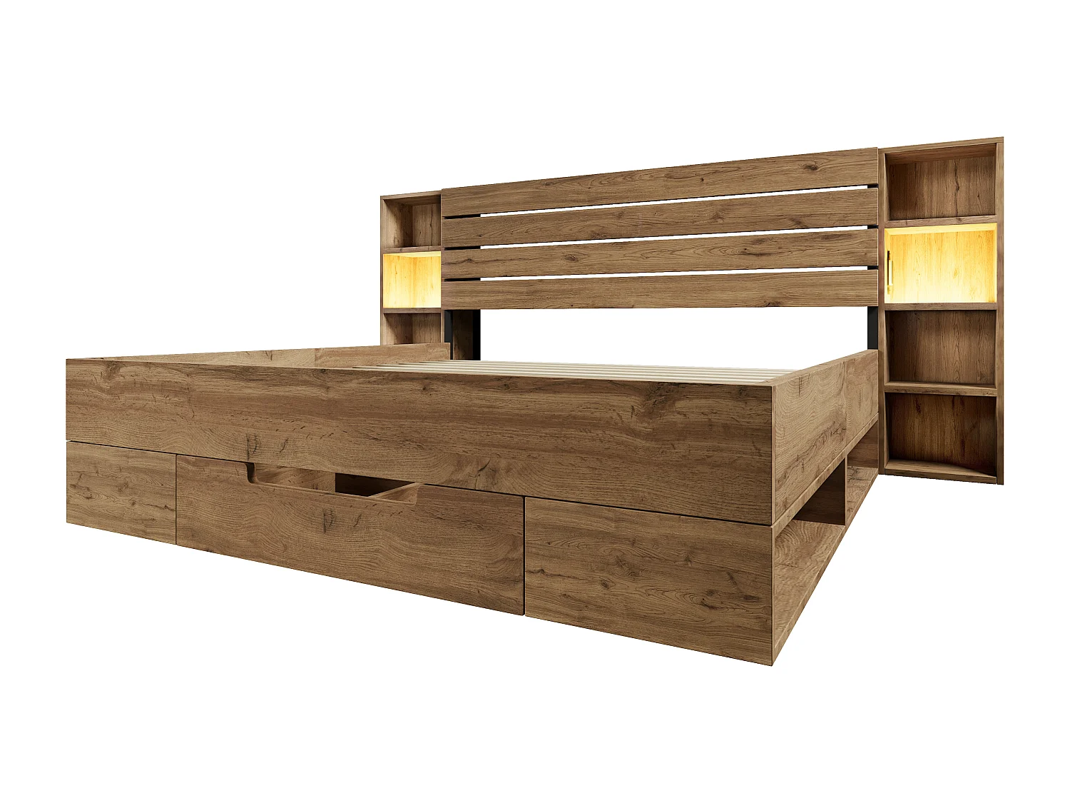 Erwachsenenbett 160×200cm aus Holz + MDF – mit Leselampe + Ladesteckdosen – mit Lattenrost – Natur