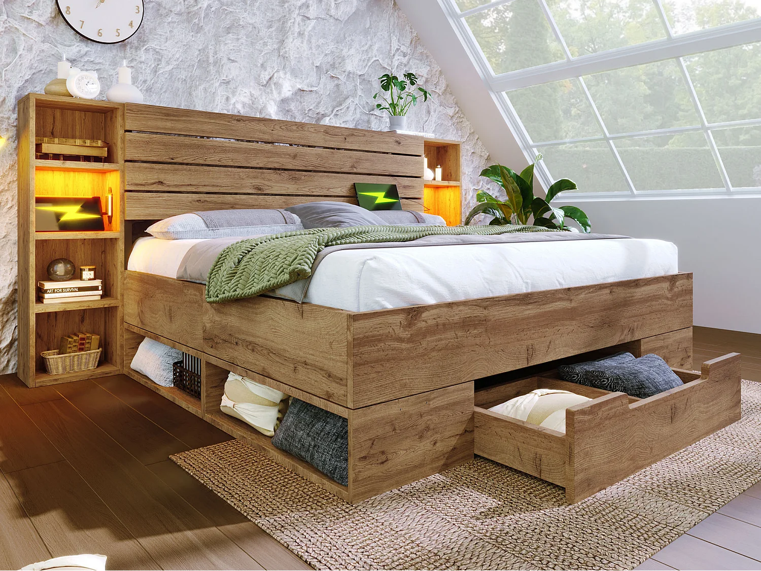 Erwachsenenbett 160×200cm aus Holz + MDF – mit Leselampe + Ladesteckdosen – mit Lattenrost – Natur