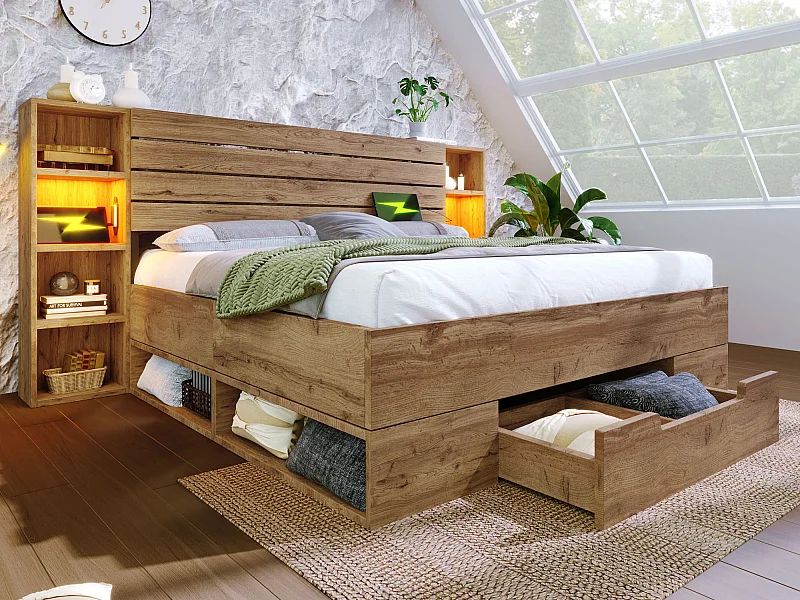 Lit adulte 160×200cm en bois + MDF - avec liseuse + prises chargement - avec sommier à lattes - Naturel
