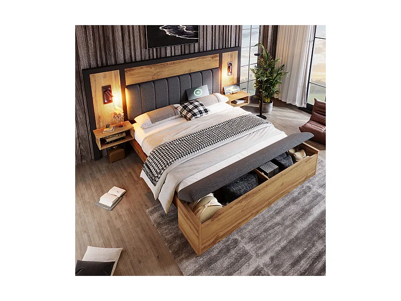 Erwachsenenbett 180×200 cm – mit Leselampe + Ladesteckdosen + Aufbewahrungsbank – mit Metallgestell – Natur