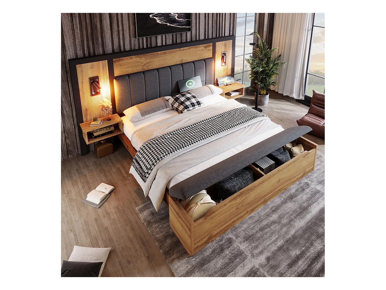 Lit adulte 180×200cm - avec liseuse + prises chargement + banquette de rangement - avec sommier en métal - Naturel