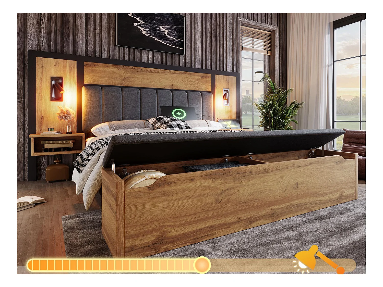 Lit adulte 180×200cm - avec liseuse + prises chargement + banquette de rangement - avec sommier en métal - Naturel