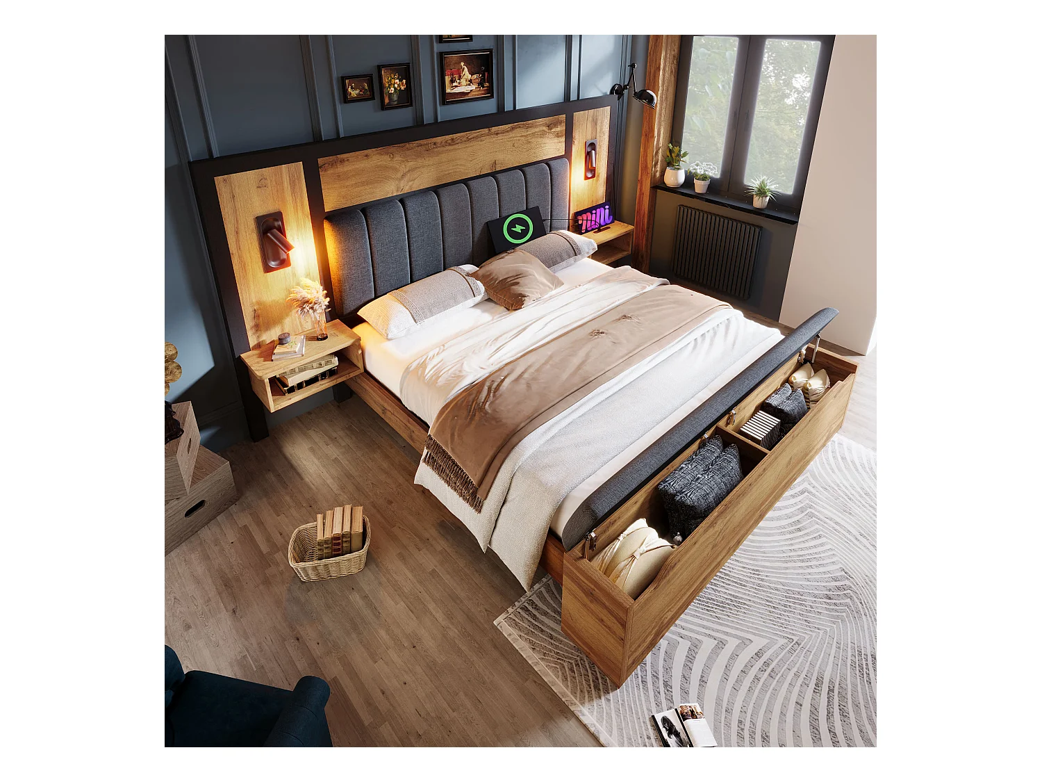 Lit adulte 180×200cm - avec liseuse + prises chargement + banquette de rangement - avec sommier en métal - Naturel