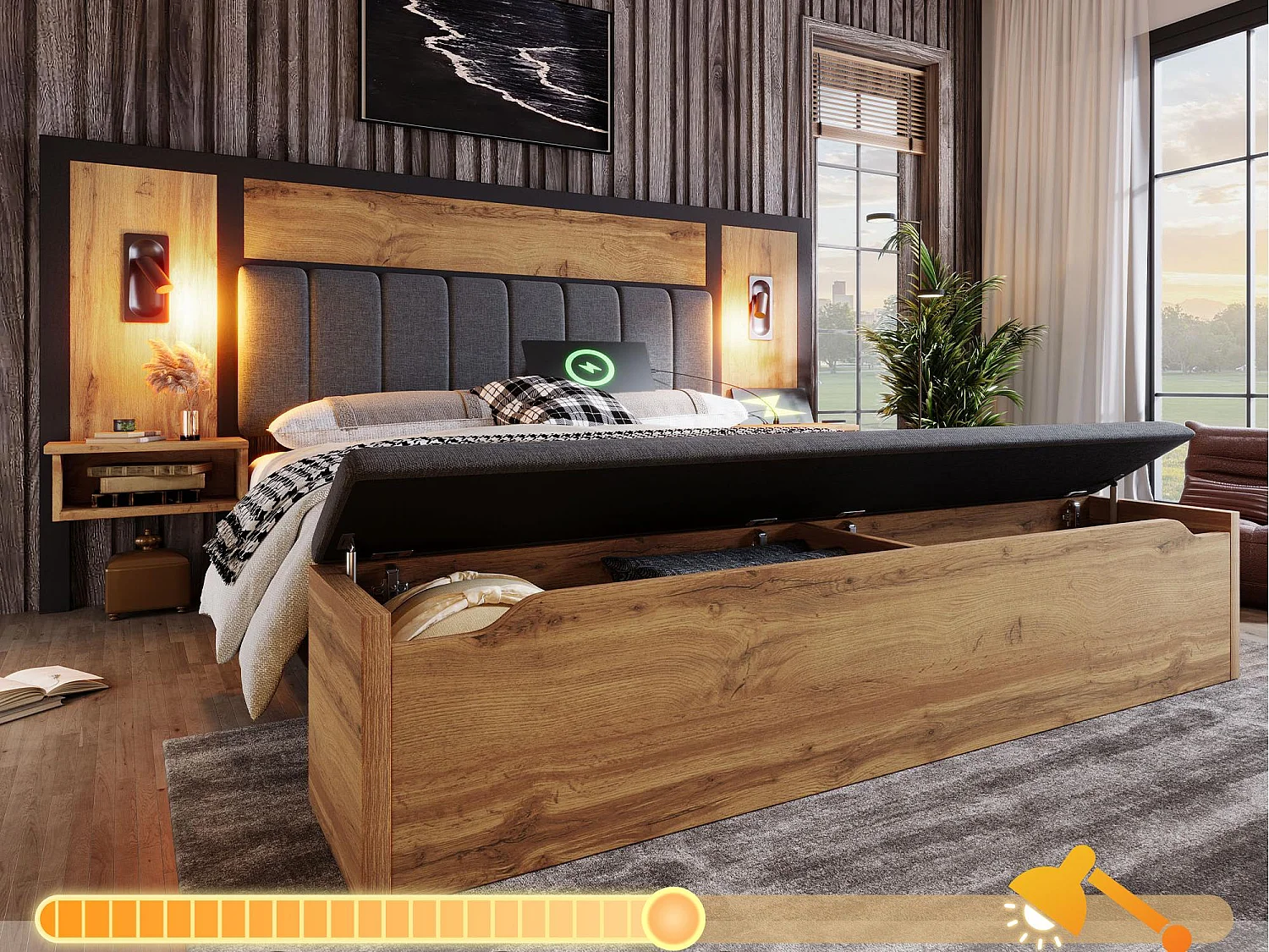 Lit adulte 180×200cm - avec liseuse + prises chargement + banquette de rangement - avec sommier en métal - Naturel