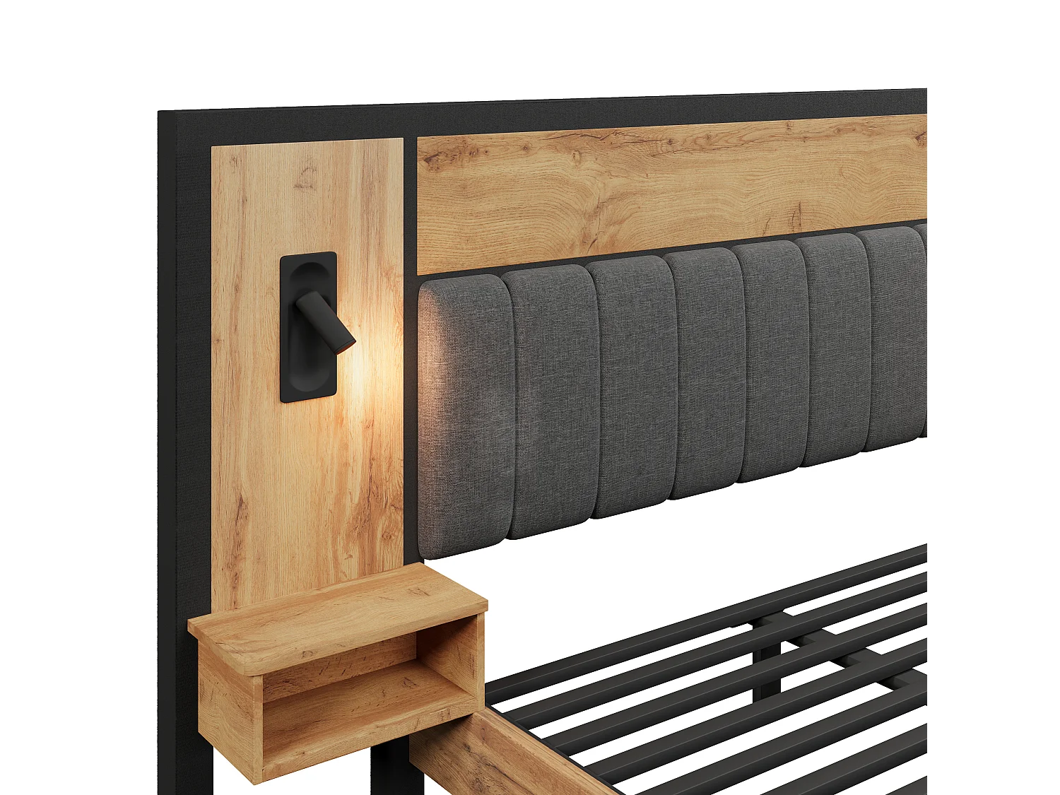 Lit adulte 180×200cm - avec liseuse + prises chargement + banquette de rangement - avec sommier en métal - Naturel