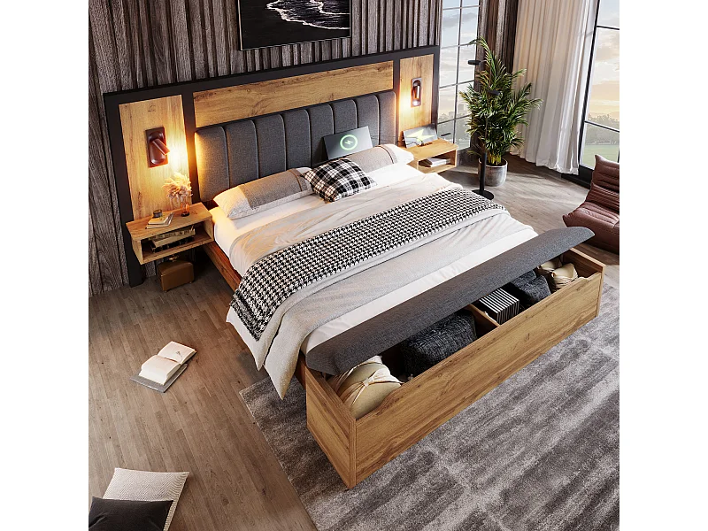 Lit adulte 180×200cm - avec liseuse + prises chargement + banquette de rangement - avec sommier en métal - Naturel