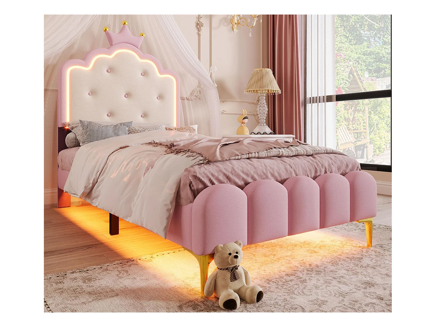 Polsterbett 90x200 cm mit LED – PU-Ledermaterial – mit Lattenrost – Rosa
