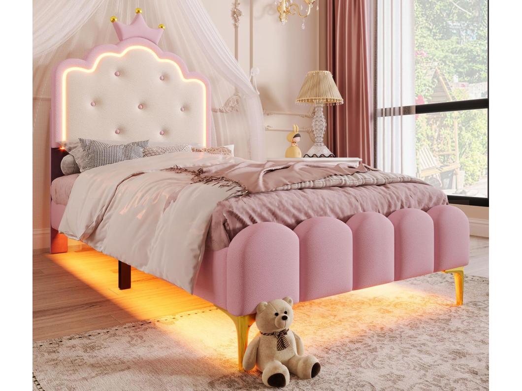 Cama estofada 90x200 cm com LED - material pele PU - com base de ripas - Rosa