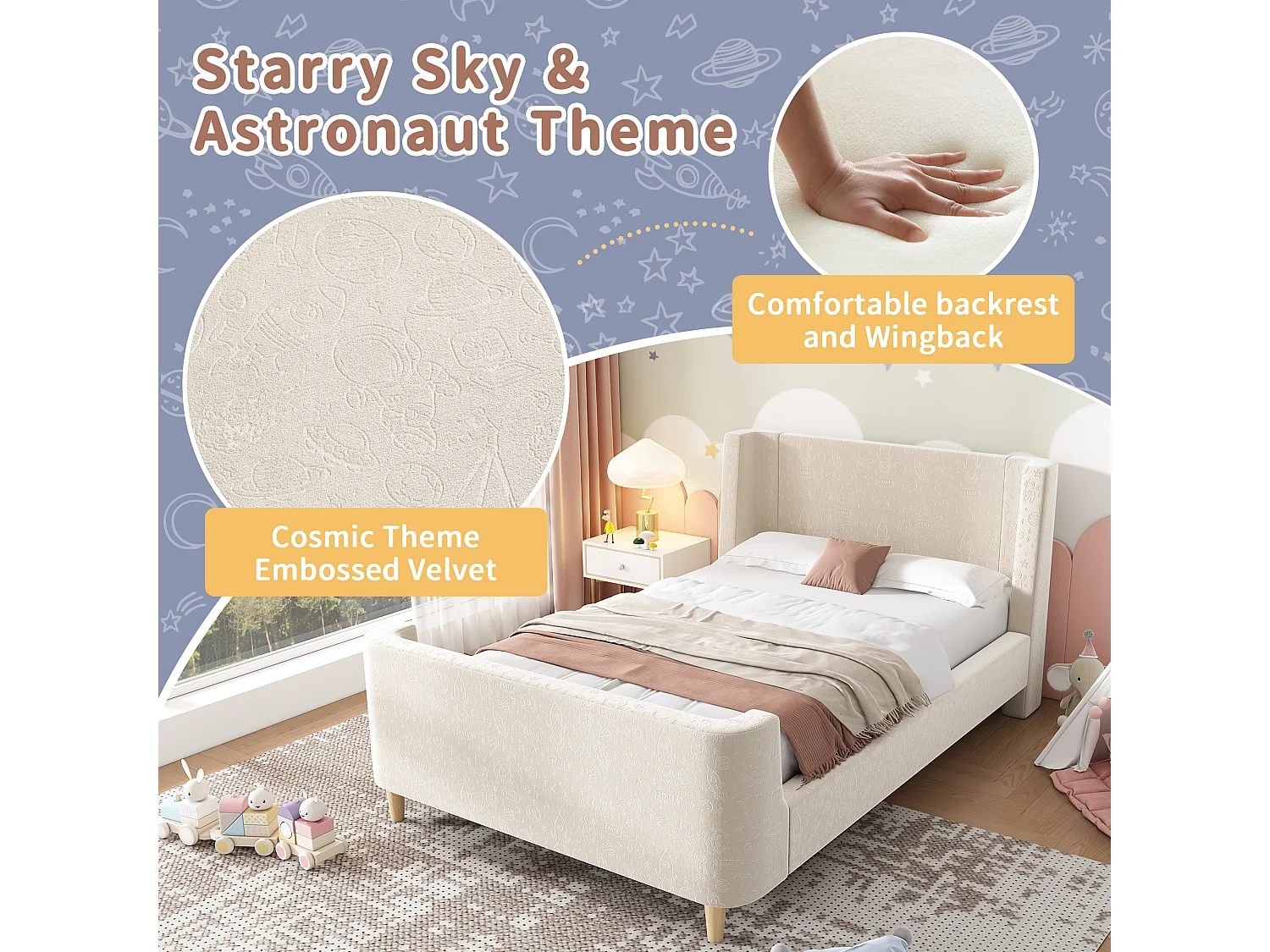 Lit enfant 90x200 cm capitonné en velours Beige (matelas non inclus)