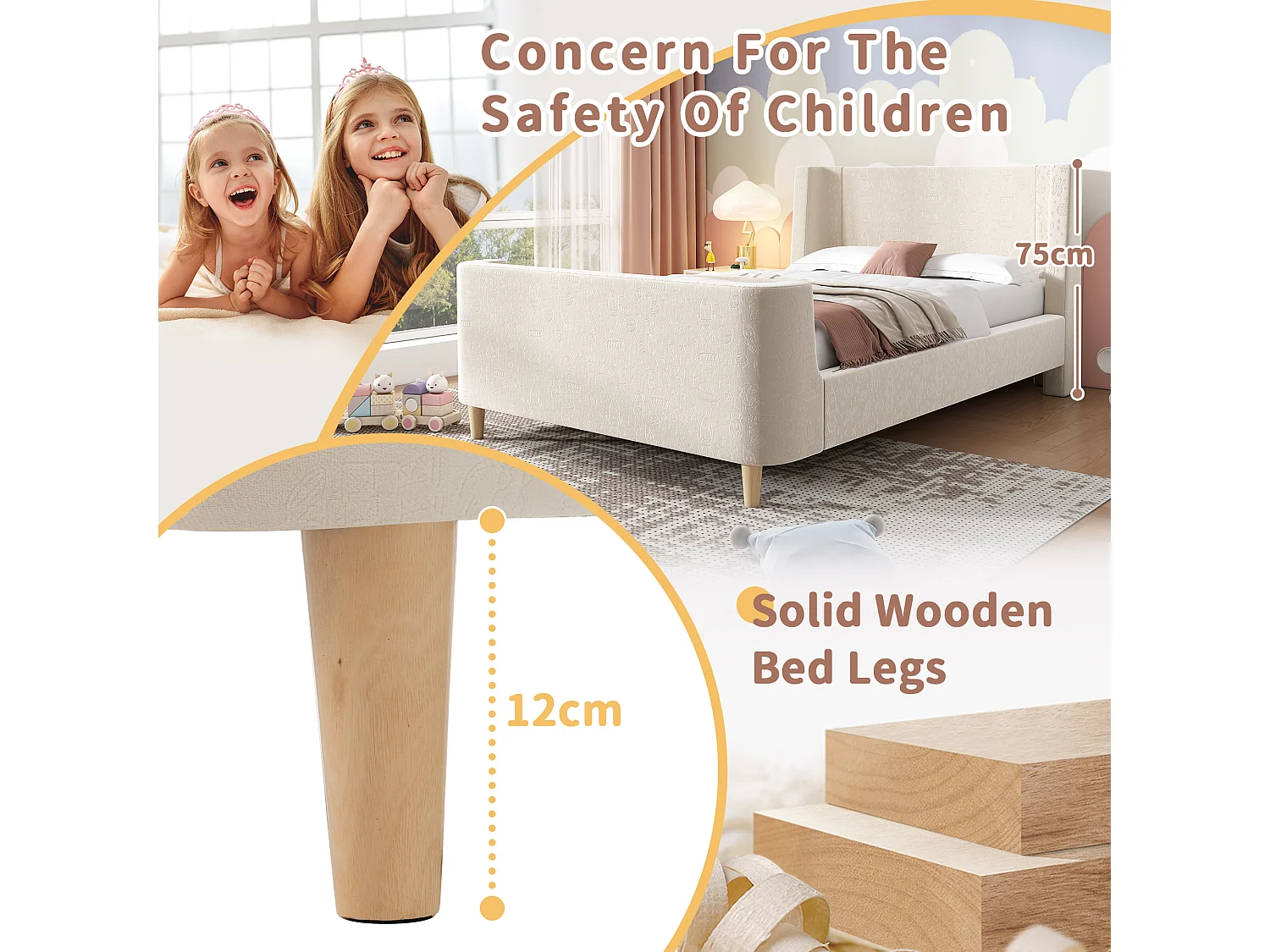 Lit enfant 90x200 cm capitonné en velours Beige (matelas non inclus)