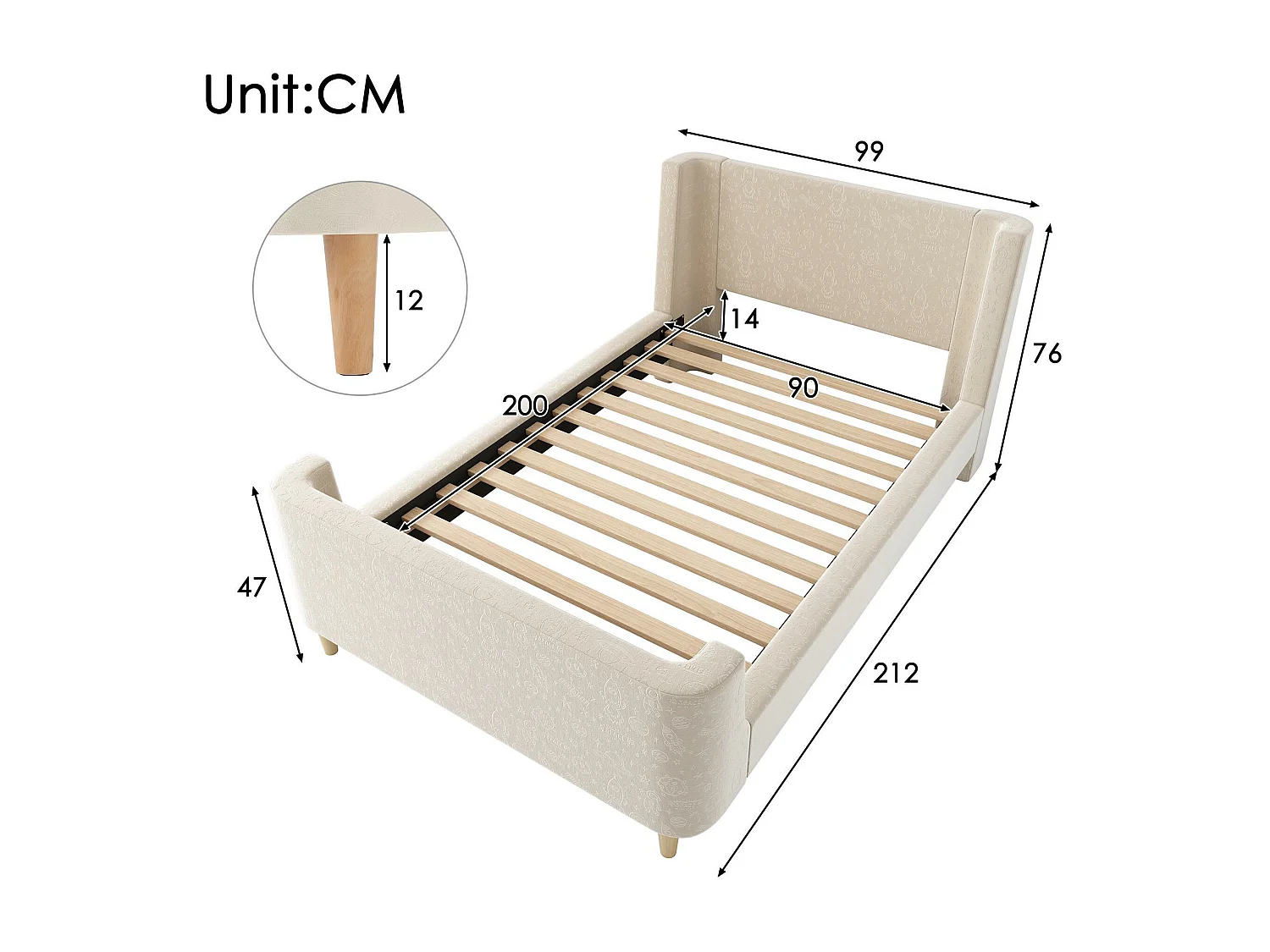 Lit enfant 90x200 cm capitonné en velours Beige (matelas non inclus)