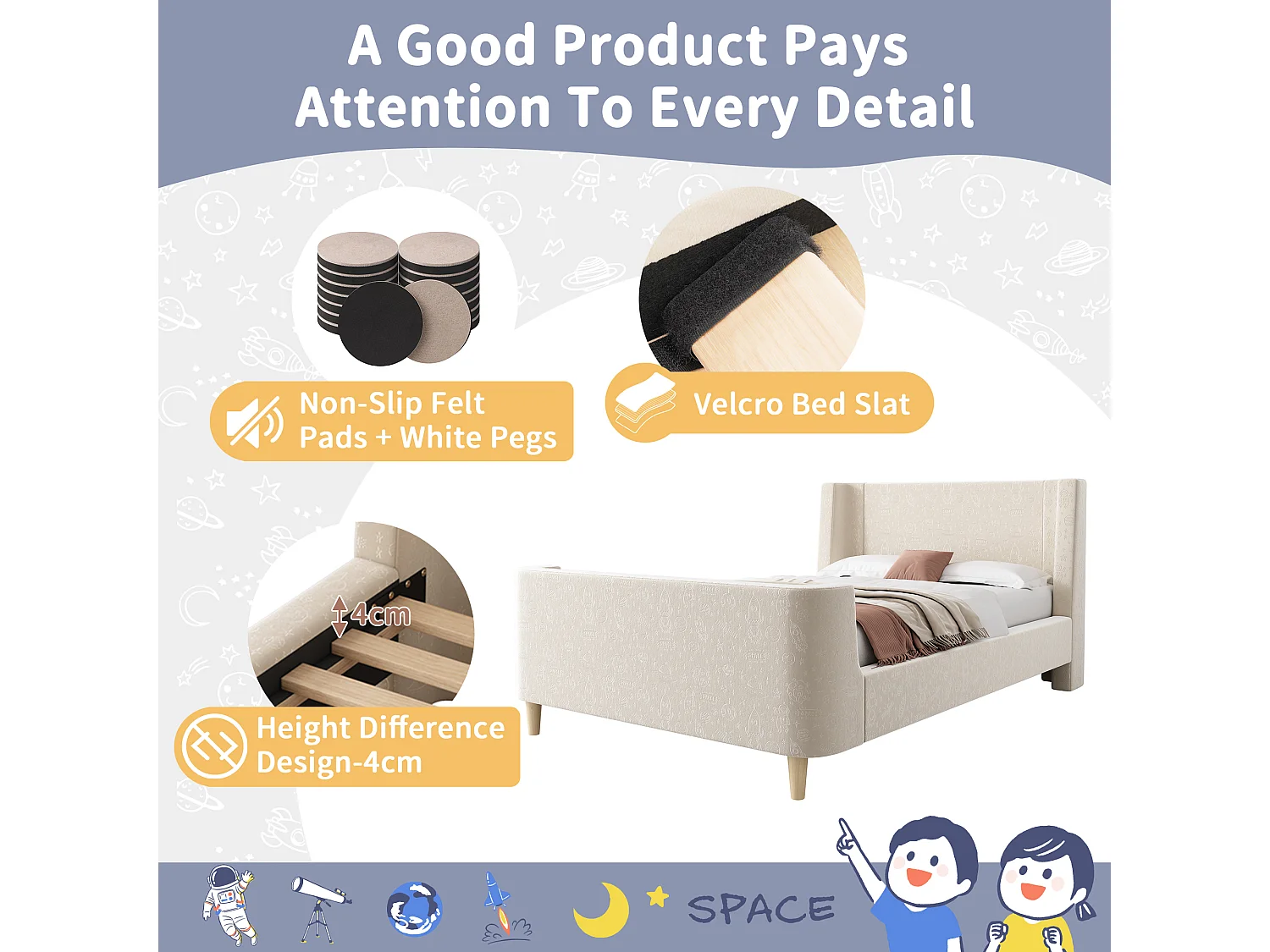 Lit enfant 90x200 cm capitonné en velours Beige (matelas non inclus)