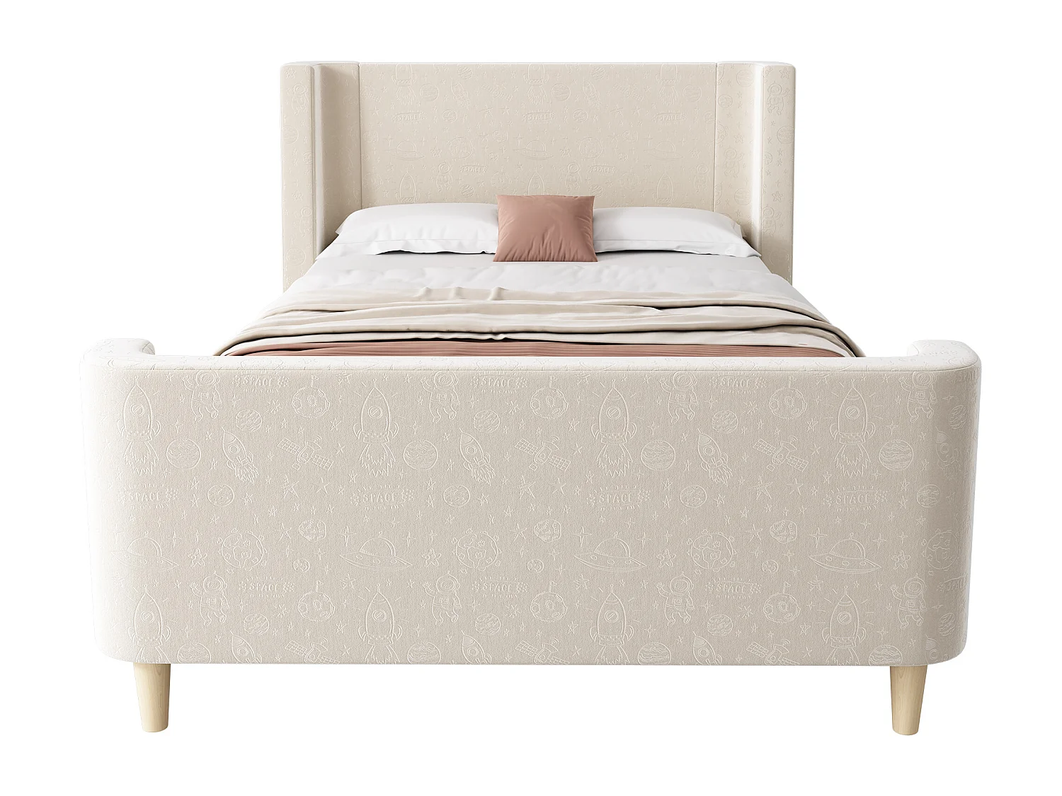 Lit enfant 90x200 cm capitonné en velours Beige (matelas non inclus)