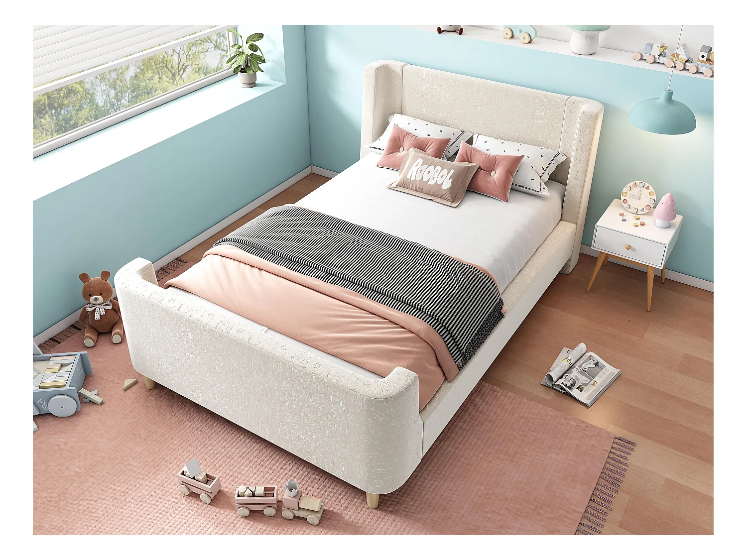 Lit enfant 90x200 cm capitonné en velours Beige (matelas non inclus)