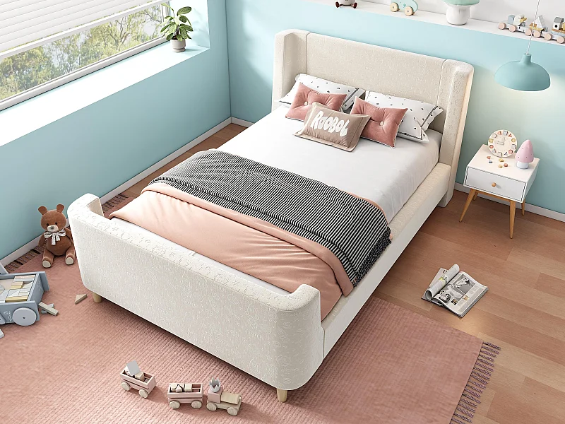 Lit enfant 90x200 cm capitonné en velours Beige (matelas non inclus)