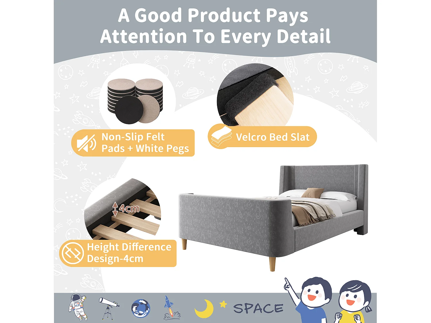 Kinderbed 90x200 cm opgevuld in Grijs fluweel (matras niet inbegrepen)