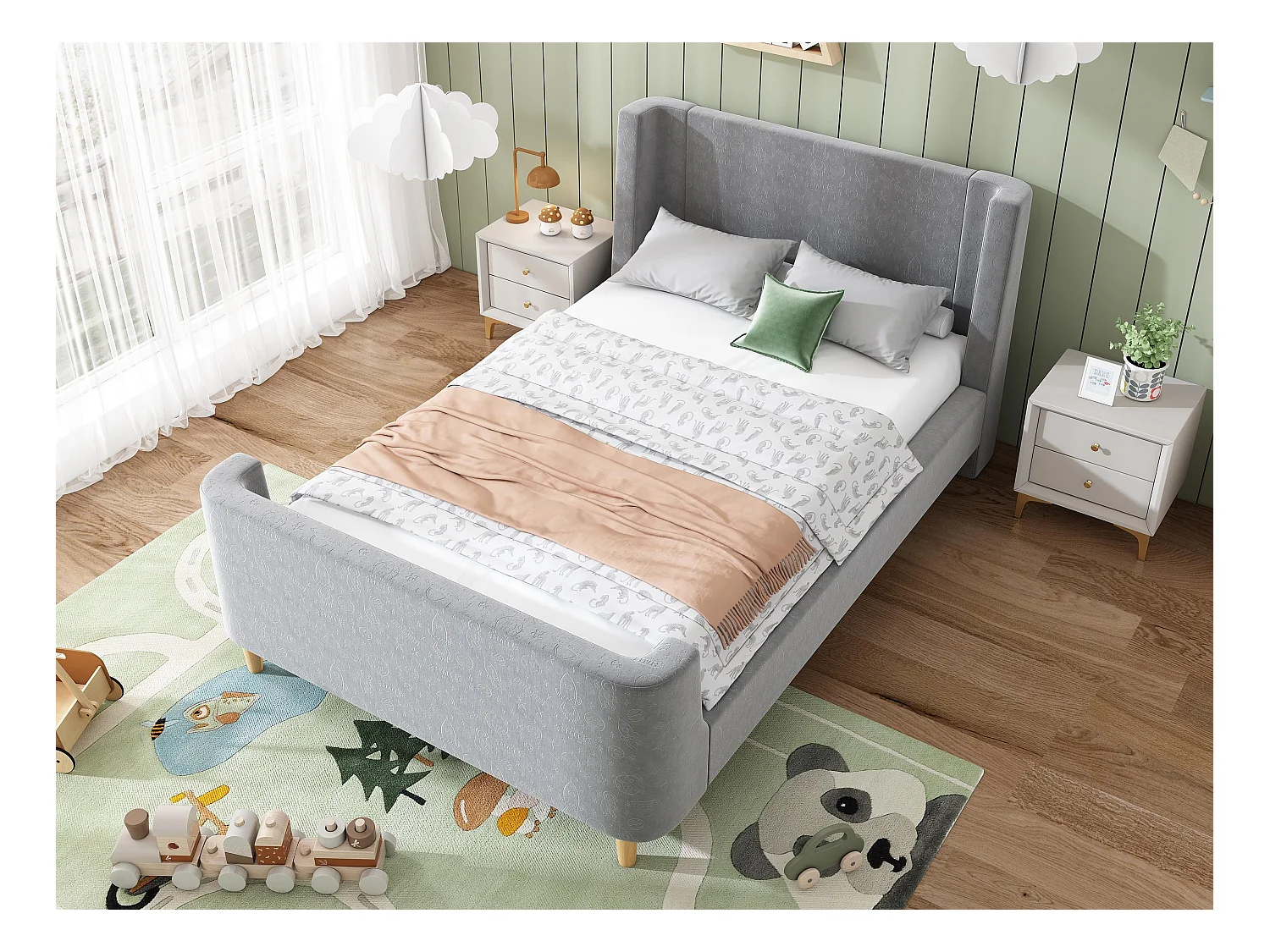 Lit enfant 90x200 cm capitonné en velours Gris (matelas non inclus)