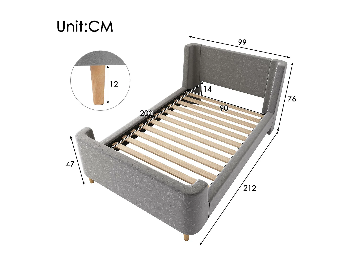Kinderbed 90x200 cm opgevuld in Grijs fluweel (matras niet inbegrepen)