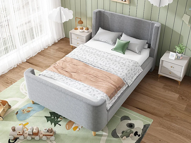 Lit enfant 90x200 cm capitonné en velours Gris (matelas non inclus)