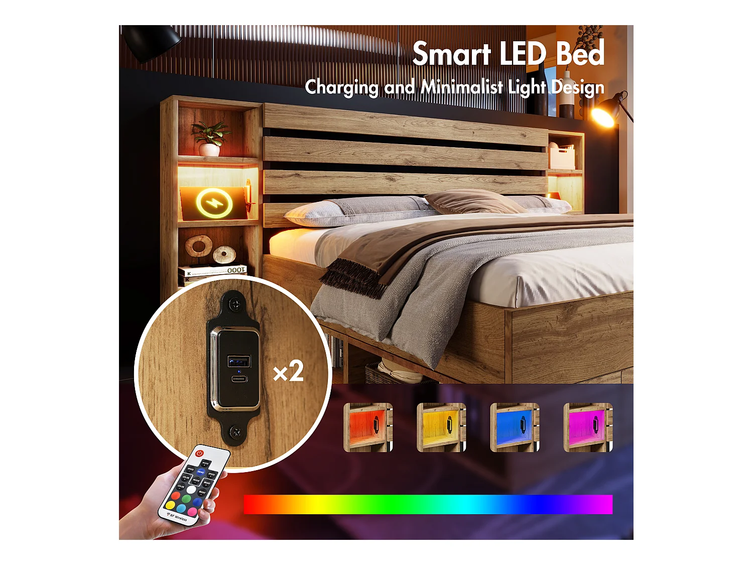 Volwassen bed 180×200cm in hout + MDF - met leeslampje + oplaadpunten - met lattenbodem - Naturel