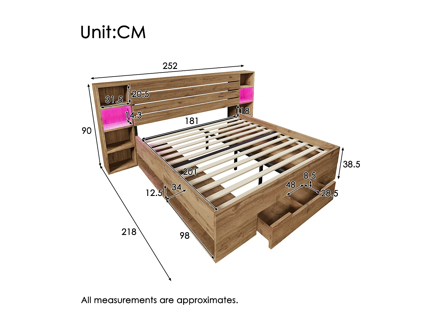 Volwassen bed 180×200cm in hout + MDF - met leeslampje + oplaadpunten - met lattenbodem - Naturel