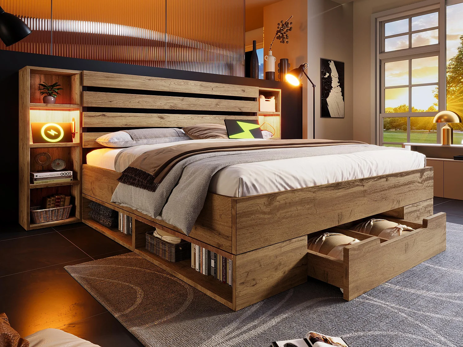 Volwassen bed 180×200cm in hout + MDF - met leeslampje + oplaadpunten - met lattenbodem - Naturel