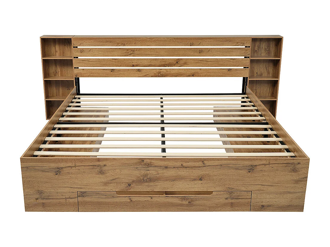 Letto adulto 180×200 cm in legno + MDF - con luce lettura + prese di ricarica - con rete a doghe - Naturale