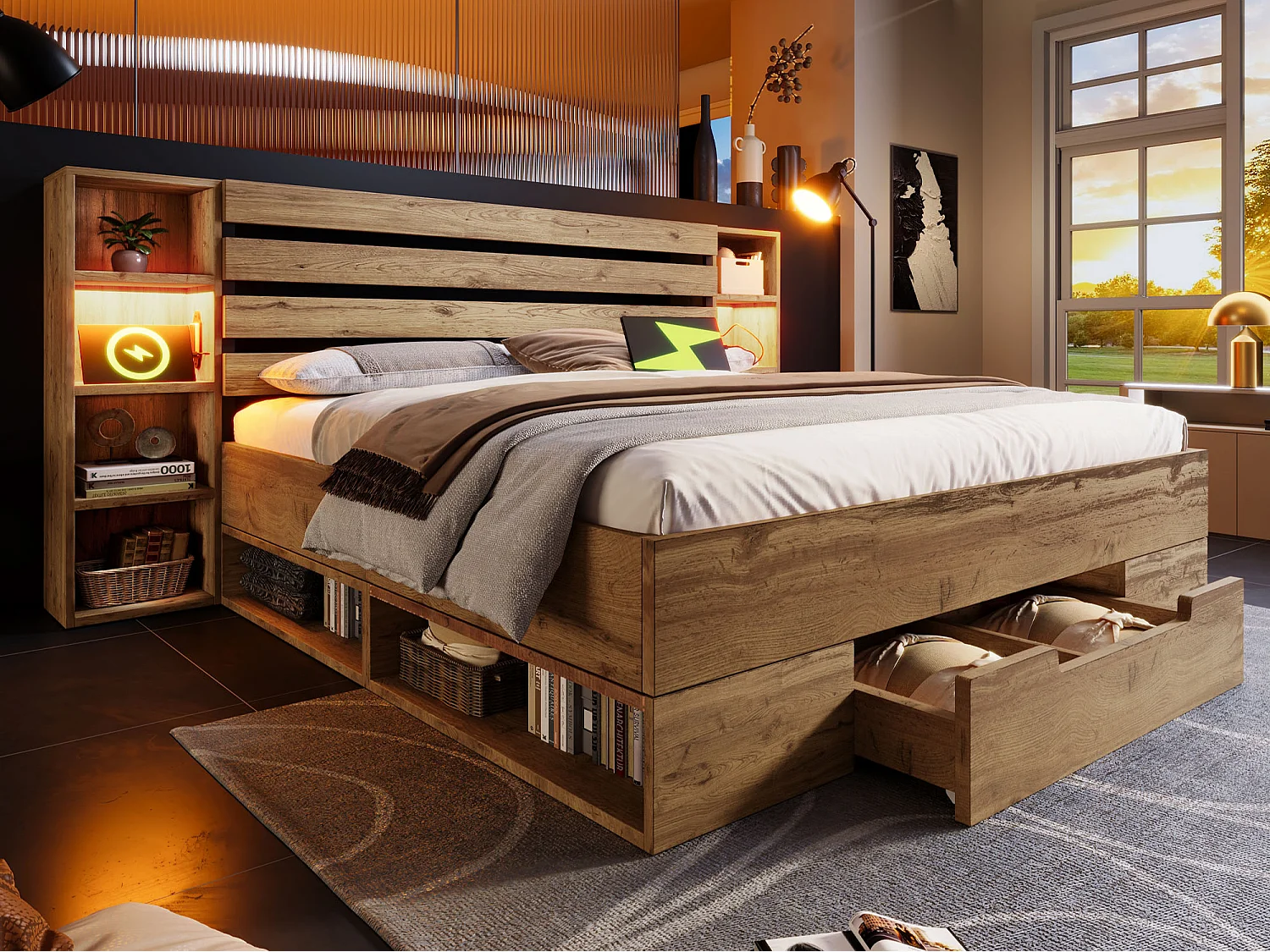 Letto adulto 180×200 cm in legno + MDF - con luce lettura + prese di ricarica - con rete a doghe - Naturale