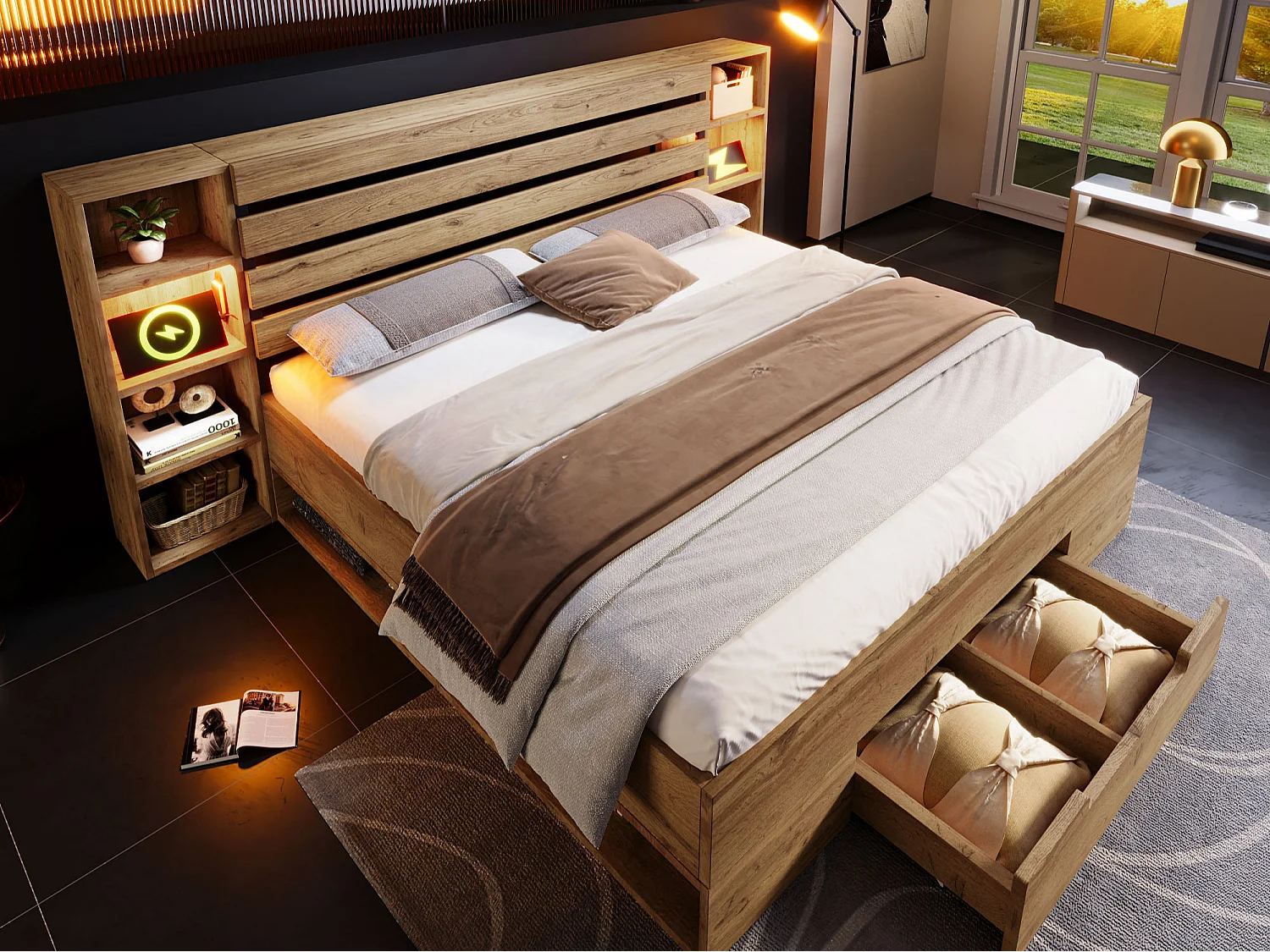 Letto adulto 180×200 cm in legno + MDF - con luce lettura + prese di ricarica - con rete a doghe - Naturale