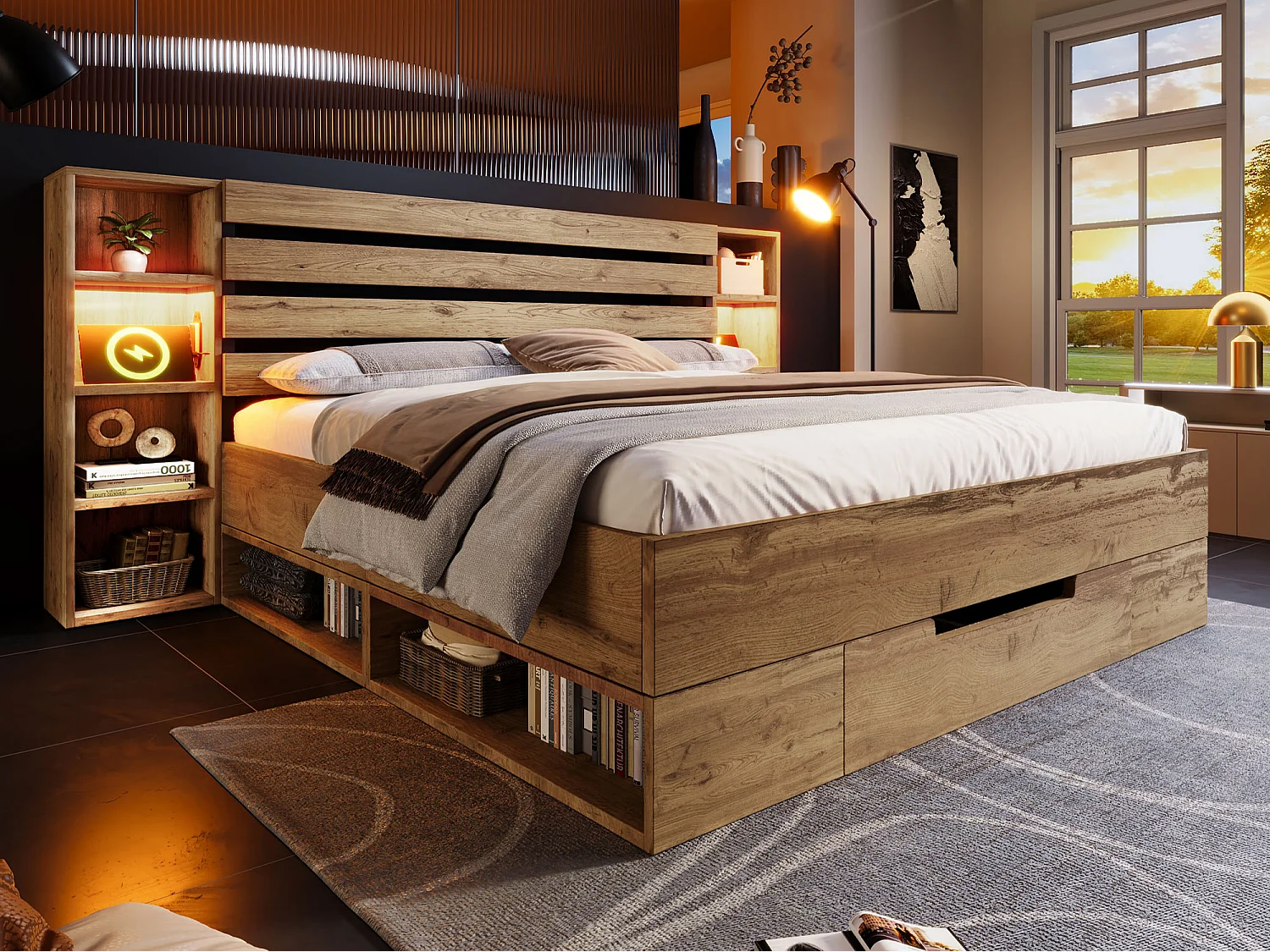 Letto adulto 180×200 cm in legno + MDF - con luce lettura + prese di ricarica - con rete a doghe - Naturale