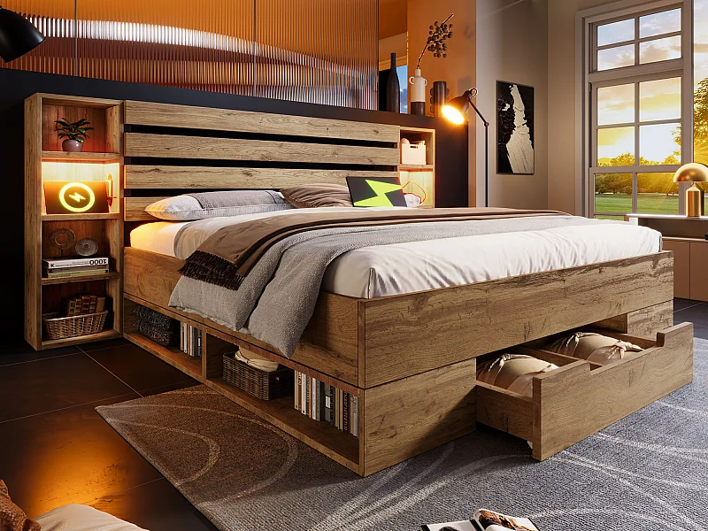 Lit adulte 180×200cm en bois + MDF - avec liseuse + prises chargement - avec sommier à lattes - Naturel
