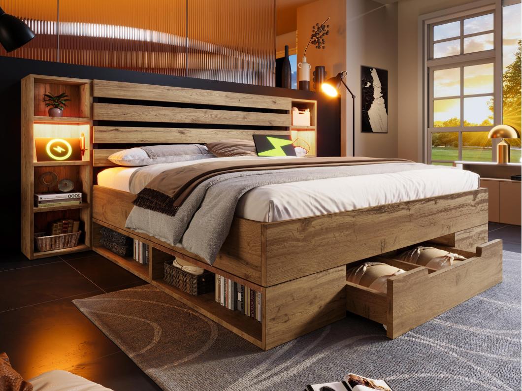 Volwassen bed 180×200cm in hout - met leeslampje + oplaadpunten - met lattenbodem - Naturel