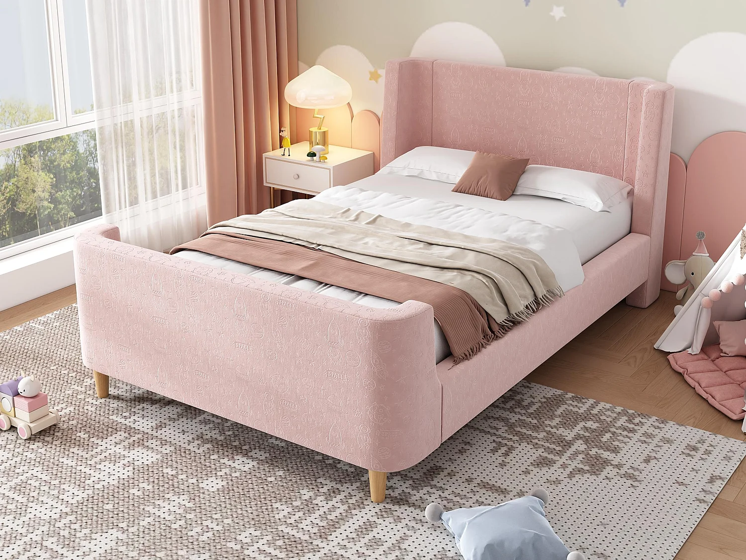 Kinderbed 90x200 cm opgevuld met roze fluweel (matras niet inbegrepen)