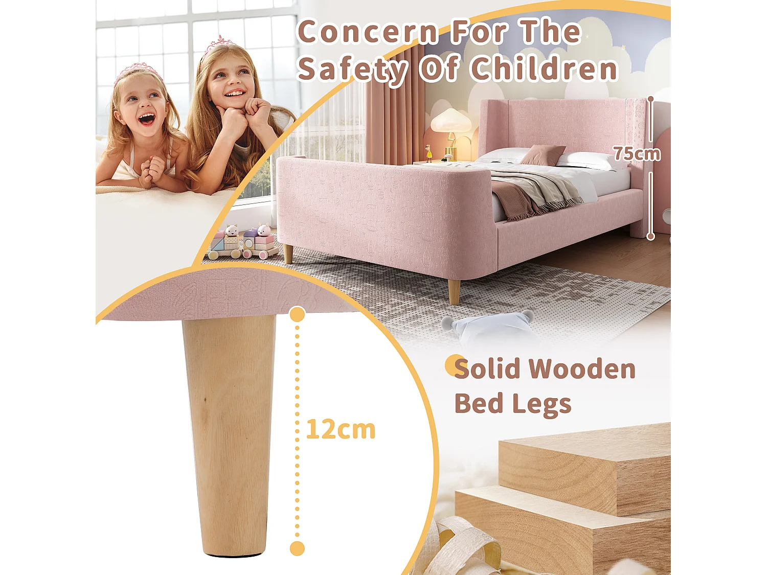 Kinderbed 90x200 cm opgevuld met roze fluweel (matras niet inbegrepen)