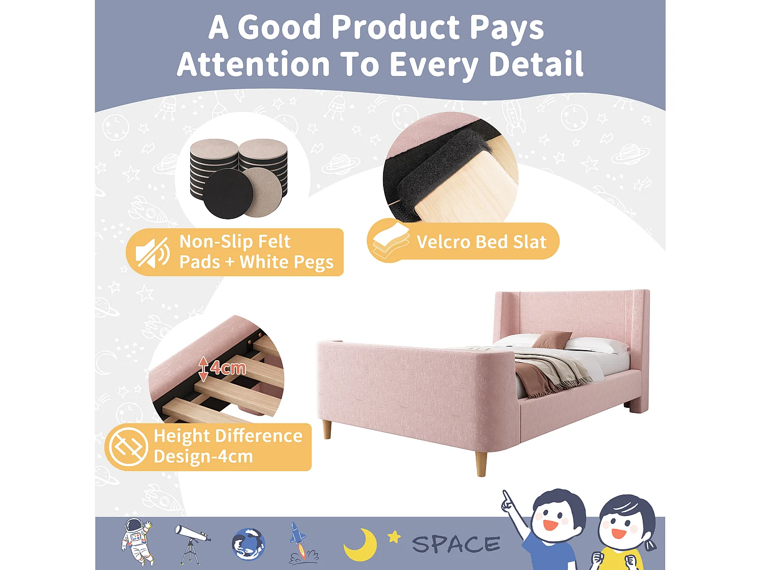 Kinderbed 90x200 cm opgevuld met roze fluweel (matras niet inbegrepen)