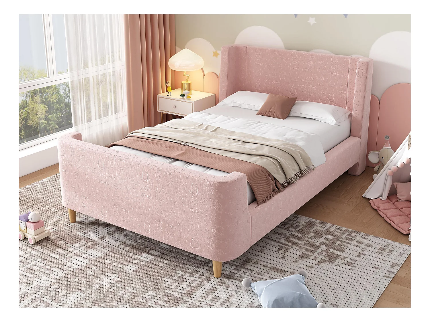 Lit enfant 90x200 cm capitonné en velours Rose (matelas non inclus)