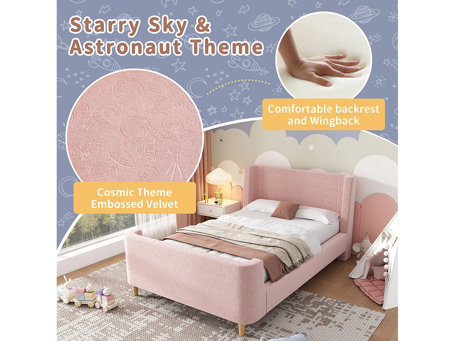 Lit enfant 90x200 cm capitonné en velours Rose (matelas non inclus)