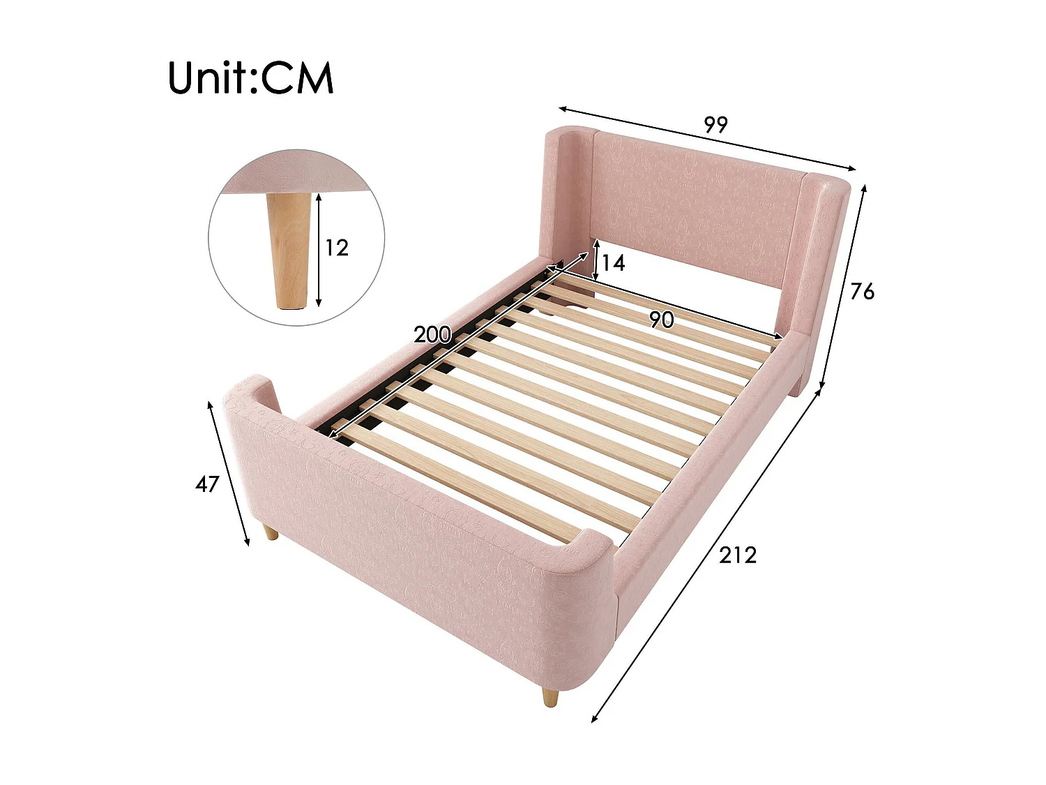 Lit enfant 90x200 cm capitonné en velours Rose (matelas non inclus)