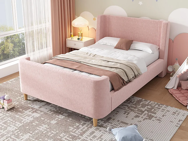 Lit enfant 90x200 cm capitonné en velours Rose (matelas non inclus)