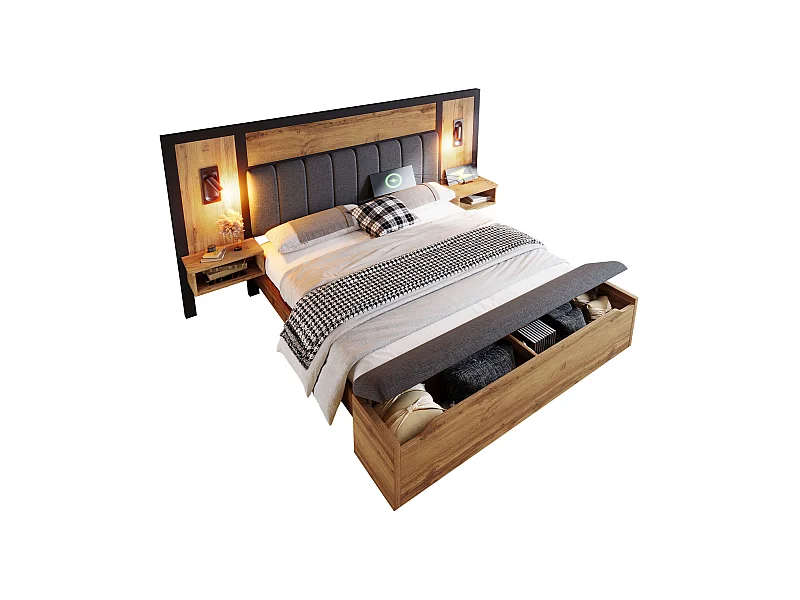 Erwachsenenbett 160×200cm – mit Leselampe + Ladesteckdosen + Aufbewahrungsbank – mit Metallgestell – Natur