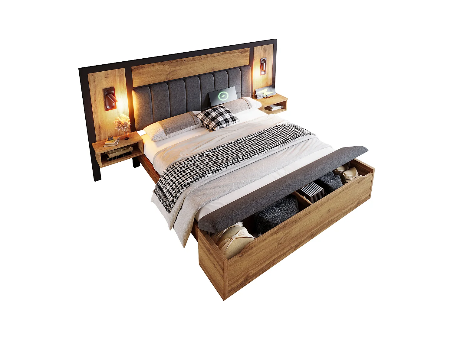 Lit adulte 160×200cm - avec liseuse + prises chargement + banquette de rangement - avec sommier en métal - Naturel