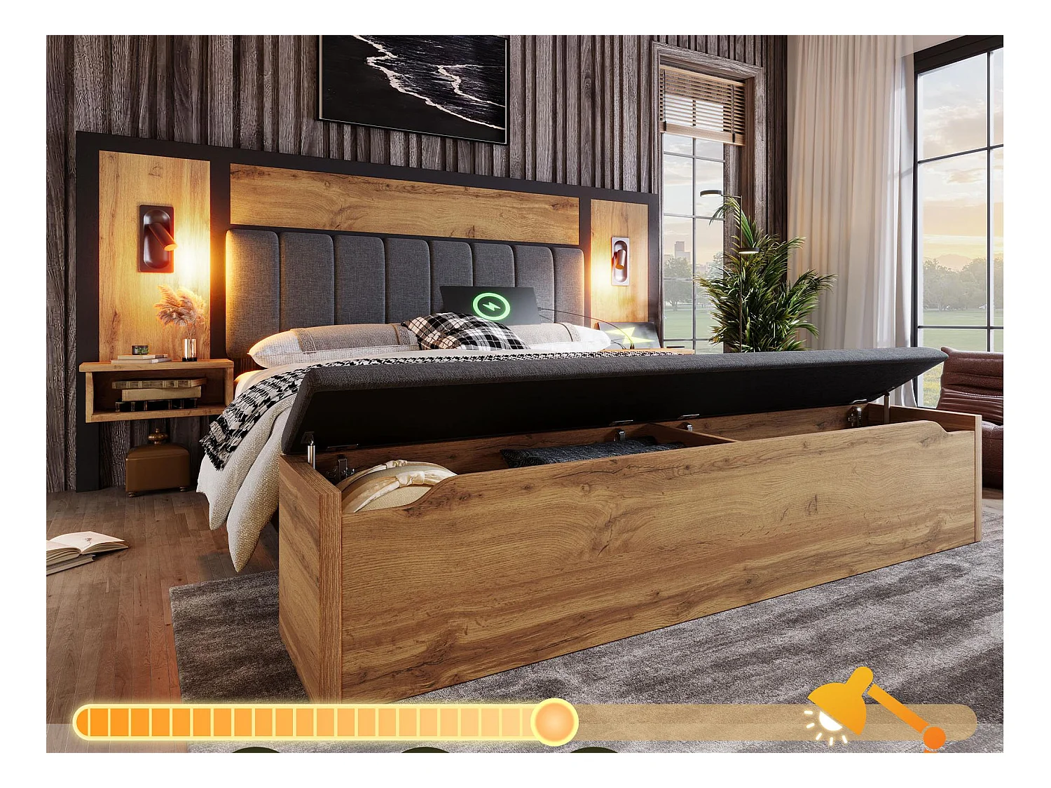 Lit adulte 160×200cm - avec liseuse + prises chargement + banquette de rangement - avec sommier en métal - Naturel