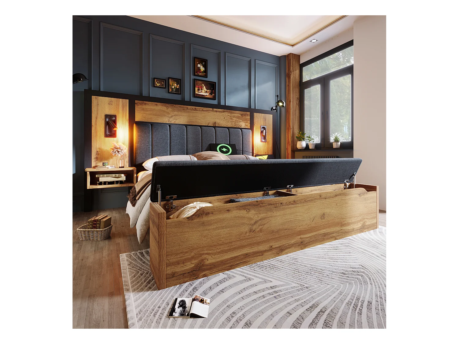 Lit adulte 160×200cm - avec liseuse + prises chargement + banquette de rangement - avec sommier en métal - Naturel