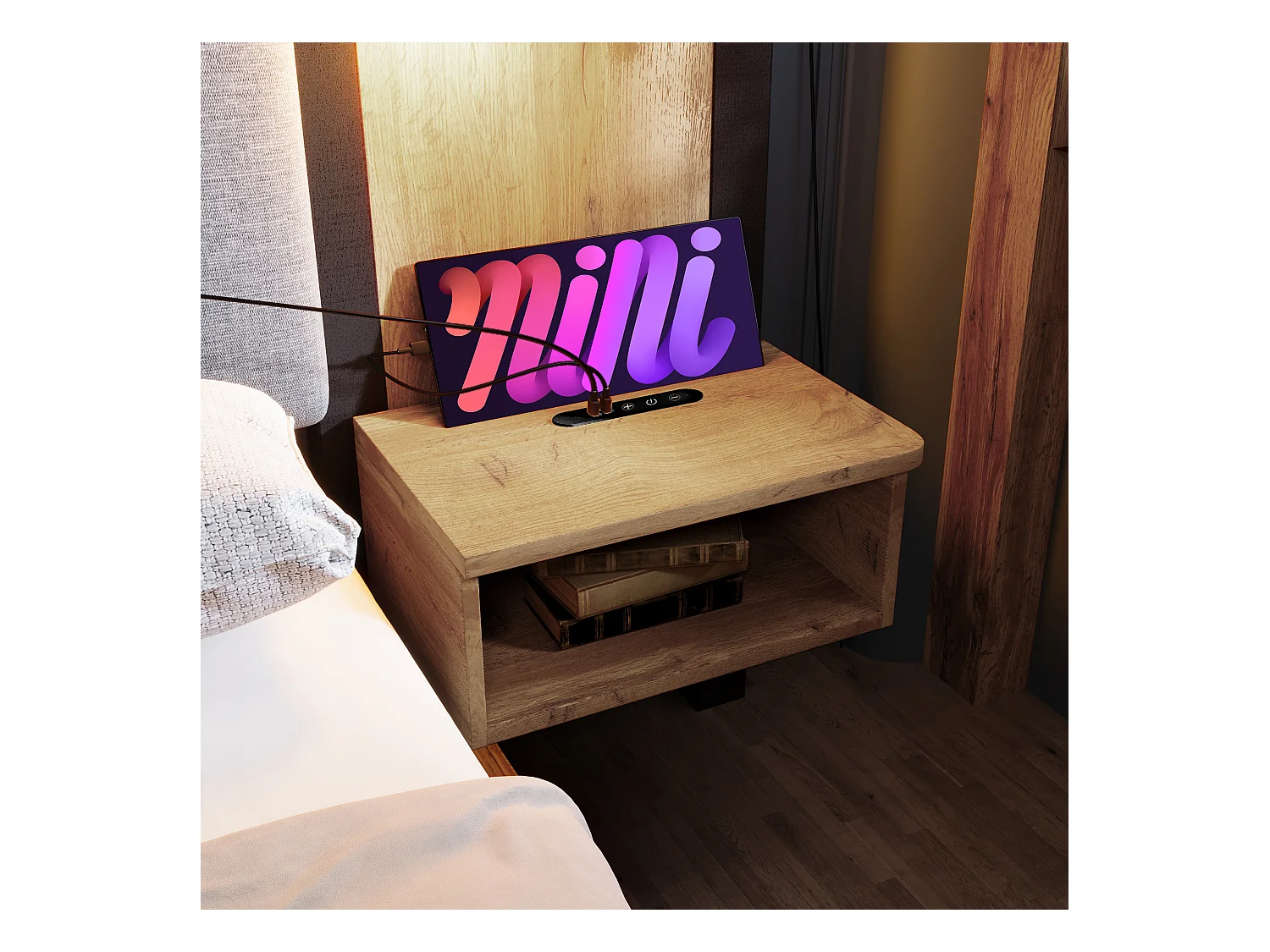 Lit adulte 160×200cm - avec liseuse + prises chargement + banquette de rangement - avec sommier en métal - Naturel