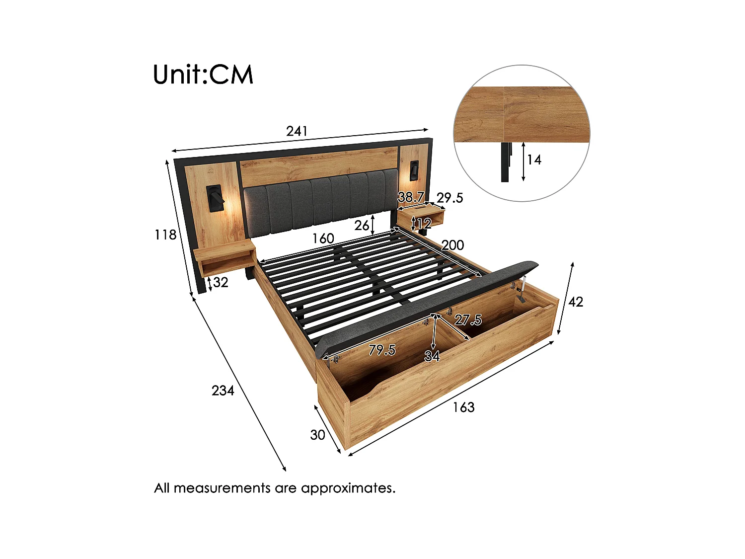 Lit adulte 160×200cm - avec liseuse + prises chargement + banquette de rangement - avec sommier en métal - Naturel