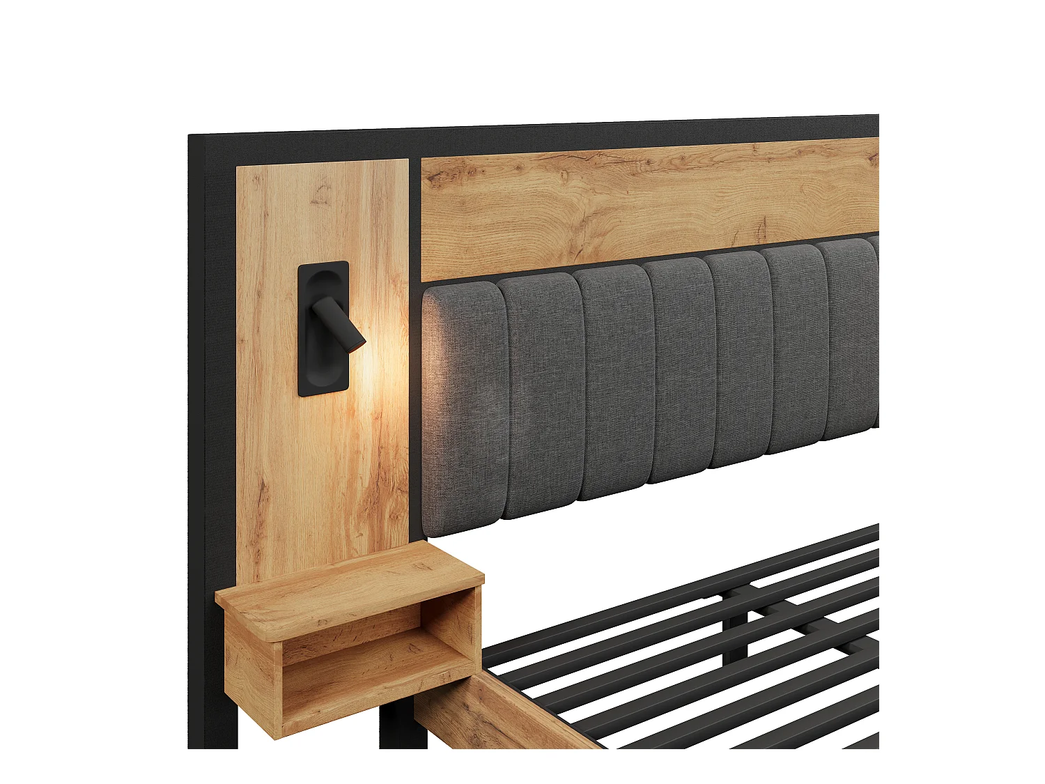 Lit adulte 160×200cm - avec liseuse + prises chargement + banquette de rangement - avec sommier en métal - Naturel