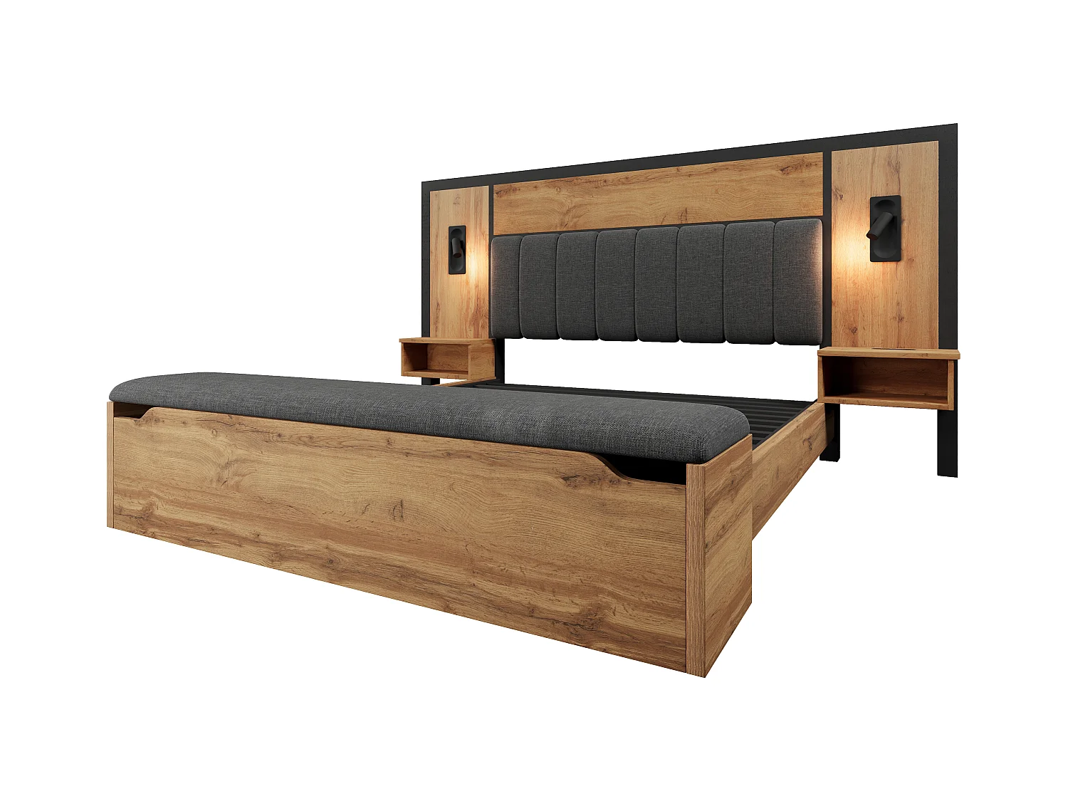 Lit adulte 160×200cm - avec liseuse + prises chargement + banquette de rangement - avec sommier en métal - Naturel