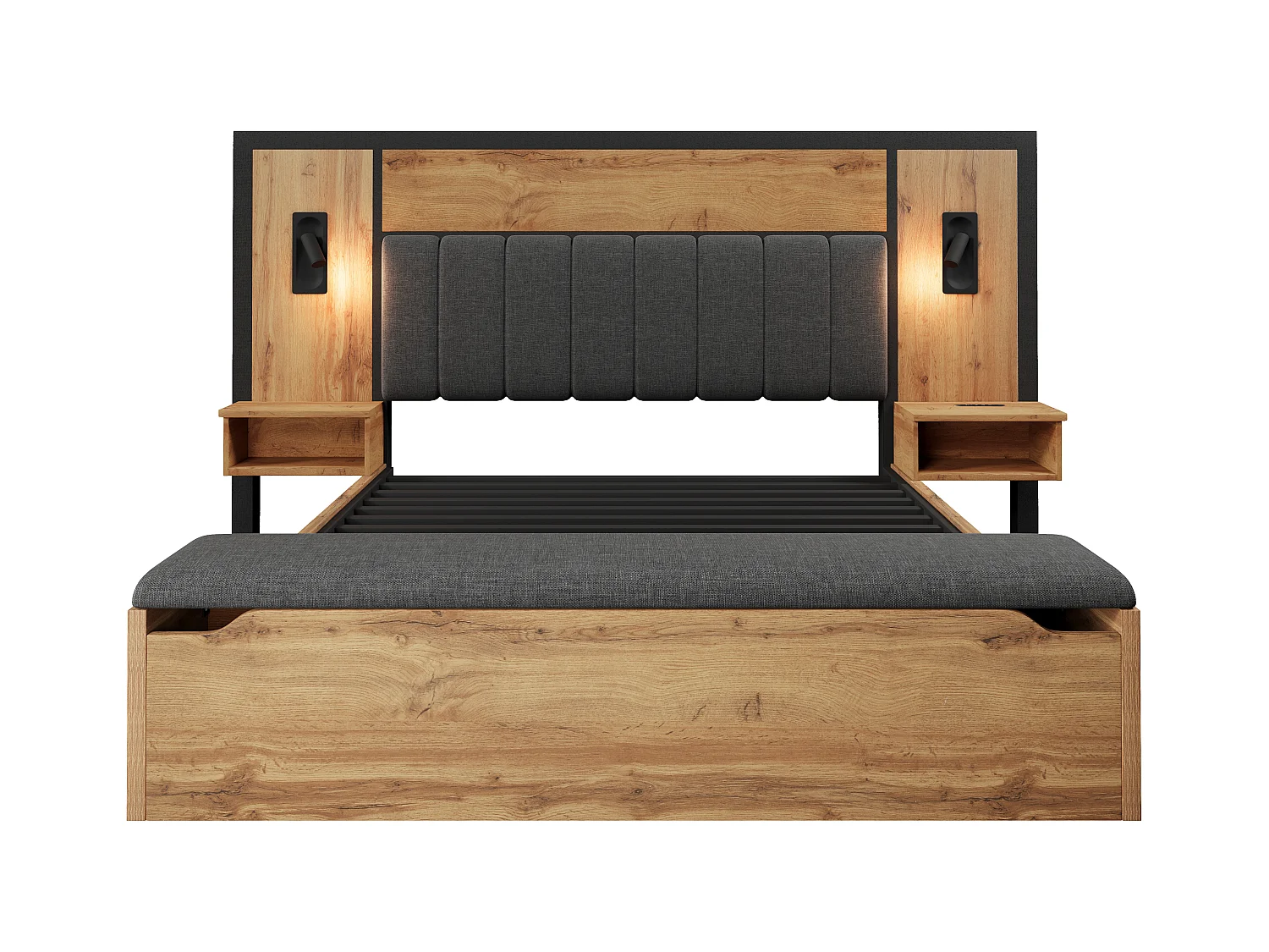 Lit adulte 160×200cm - avec liseuse + prises chargement + banquette de rangement - avec sommier en métal - Naturel